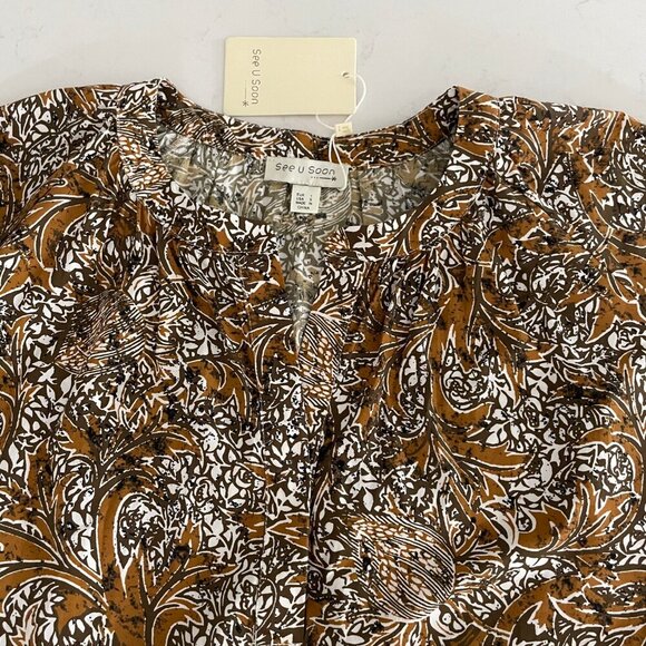 Anthropologie See U Soon 3/4 Slv Boat Nk Split V Cotton Floral Print Dress S/M - Picture 14 of 16
